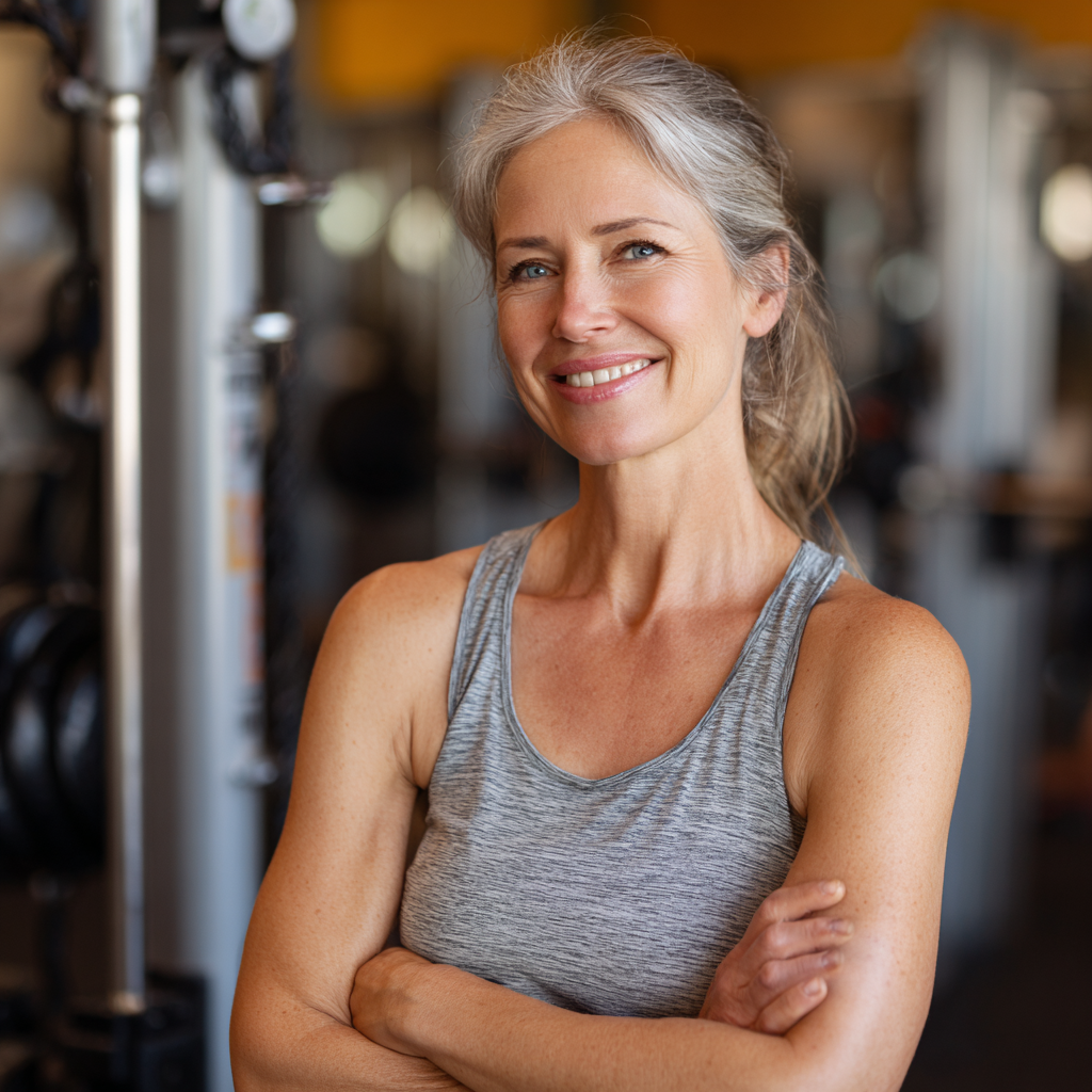 Mature woman smiling after completing her workout session at fitness center